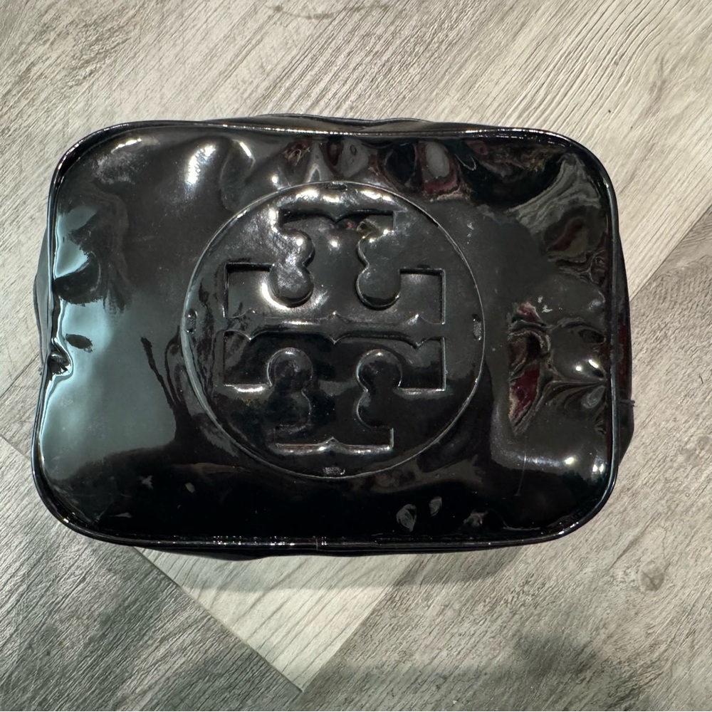 Tory Burch Large Patent Leather Glossy Black Logo Cosmetic Pouch